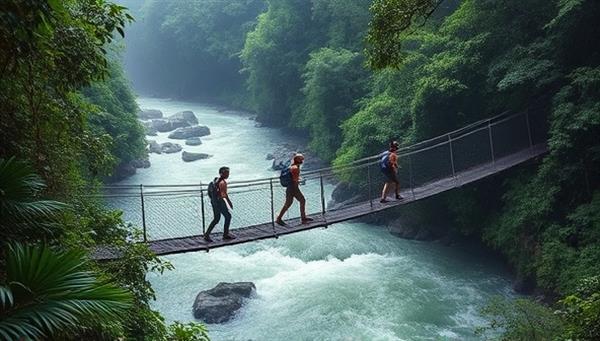 An expedition scene featuring adventurers trekking through a dense jungle, crossing a suspension bridge over a roaring river, with lush greenery and exotic wildlife in the background, capturing the spirit of adventure and exploration offered by BeyondHorizon Expeditions.