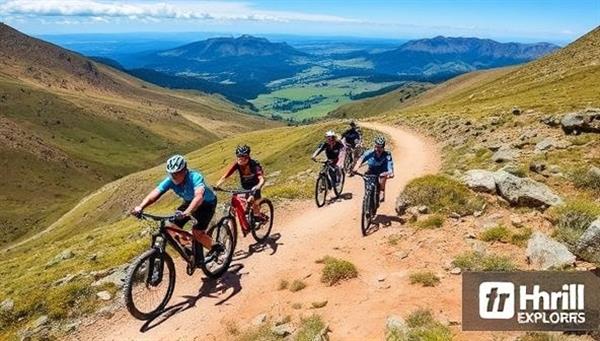 An exhilarating mountain biking trail with diverse landscapes and challenging terrain, featuring a group of cyclists on premium bikes from ThrillCycle Explorers, highlighting the excitement and adventure of outdoor biking experiences offered by the club.