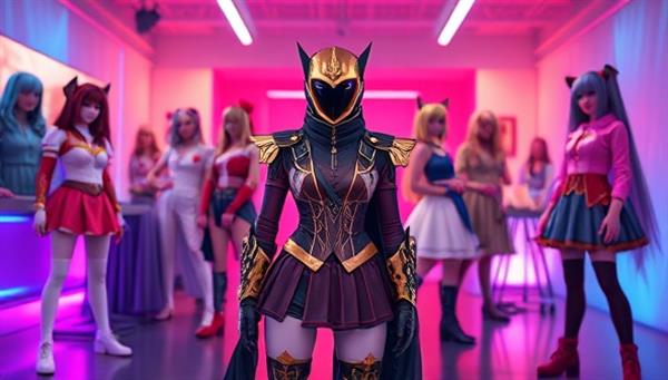 An immersive virtual cosplay studio environment with customizable character options, elaborate costumes and accessories, vibrant backgrounds, and interactive tools for users to design and showcase their digital cosplay creations, capturing the essence of creativity and self-expression in the virtual world.