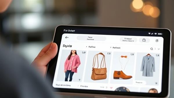 An AI-powered virtual assistant displaying fashion recommendations on a digital device, with stylish clothing items and accessories showcased in a visually appealing layout.
