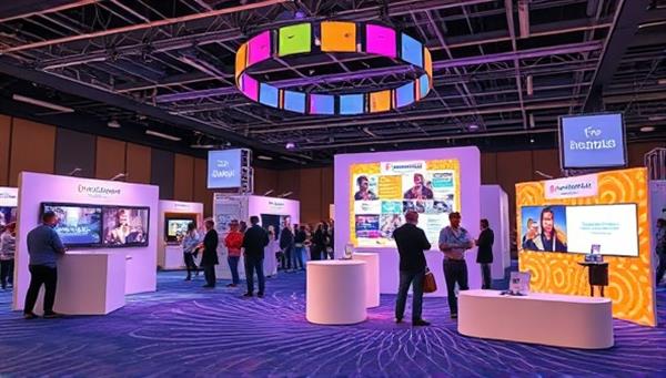 A dynamic virtual event setup with interactive features, virtual booths, and engaging activities, creating a vibrant and immersive online event experience for attendees, highlighting innovation and connectivity.