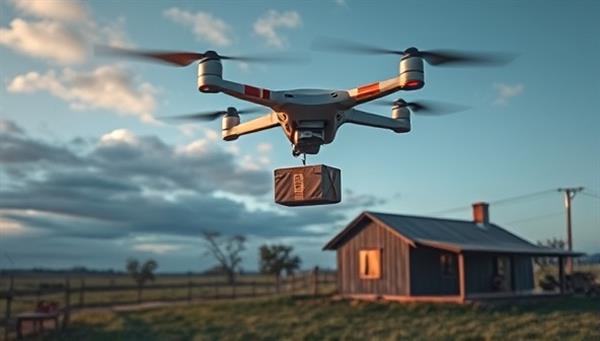 An aerial view of a drone descending to deliver a package to a rural homestead, highlighting the innovative and convenient nature of drone delivery services for remote communities.