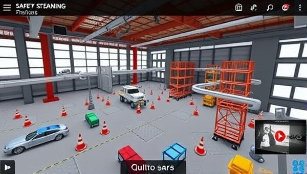 An engaging training module interface displaying a virtual construction site with interactive safety scenarios, quizzes, and instructional videos, showcasing the platform