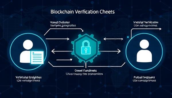 An innovative blockchain verification process illustration showcasing a secure and transparent data transfer between candidates, verifying authorities, and potential employers, emphasizing the platform
