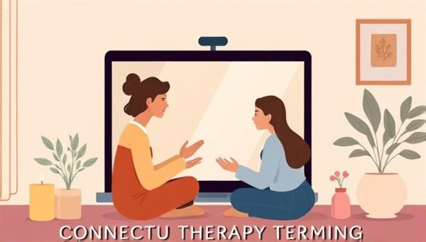An emotive illustration of a virtual therapy session with a therapist and client engaging in a supportive conversation on a screen, surrounded by comforting elements like candles, plants, and art, symbolizing connection and healing through technology.