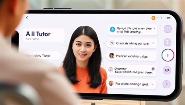 An AI tutor interacting with a user on the app, providing feedback on pronunciation, vocabulary usage, and grammar, showcasing the personalized and interactive learning experience.