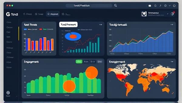 A sleek dashboard interface of the trend prediction tool displaying real-time data charts, trend forecasts, and engagement heatmaps, highlighting the tool