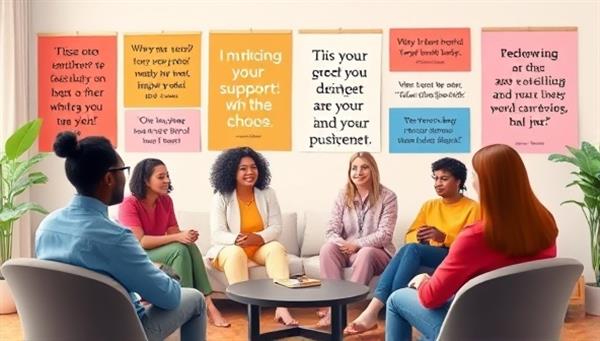 A colorful and inclusive virtual support group setting, depicting diverse avatars engaging in a group therapy session, with motivational quotes and wellness tips displayed in the background, conveying a sense of community and positivity.