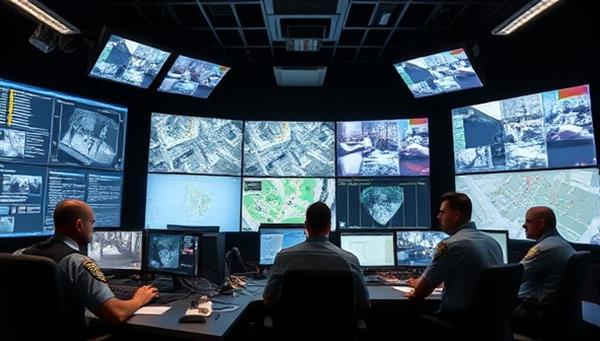 A high-tech command center with monitors displaying real-time crime data, emergency response maps, and surveillance footage, with law enforcement officials and tech experts monitoring the screens and coordinating response efforts, illustrating cutting-edge public safety technology in action.