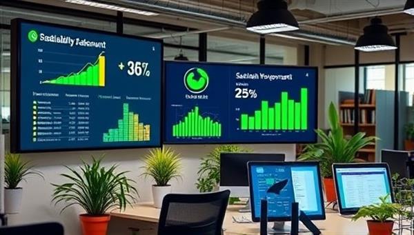 An office setting with digital screens displaying sustainability metrics, plant decorations, and eco-friendly accounting tools, symbolizing a blend of technology and nature in accounting practices.