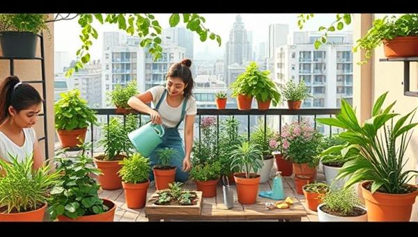 A virtual gardening workshop illustration showcasing urban gardeners planting, watering, and caring for potted plants and herbs in a small balcony garden, surrounded by cityscape views, gardening tools, and sustainable gardening resources, promoting a green and lush oasis in urban settings.