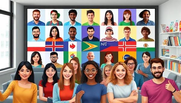 A vibrant virtual meeting room with diverse avatars representing different cultures and languages, engaging in lively language exchange activities and cultural discussions, showcasing a global and interactive learning environment.