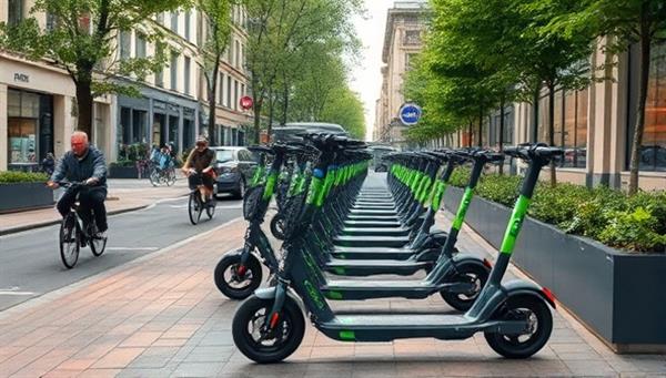 An urban landscape featuring a row of sleek, electric scooters parked neatly along a bustling sidewalk, surrounded by green spaces and cyclists, illustrating the eco-friendly and modern image of EcoScoot