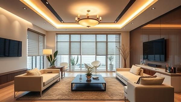 An elegantly designed living room showcasing smart home devices like voice-controlled lighting, automated blinds, and a smart thermostat, creating a futuristic and comfortable ambiance.