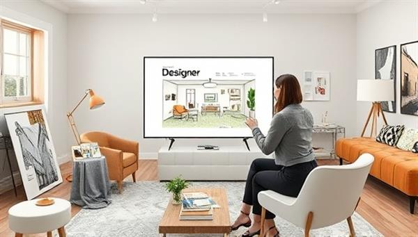 An artistic visualization of a virtual interior design studio with a professional designer presenting a digital mood board and room layout to a client, surrounded by furniture samples, fabric swatches, and design sketches, creating an immersive and creative online design consultation experience on DesignDwell.