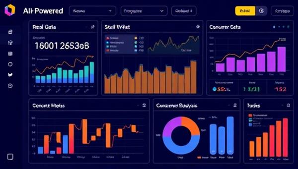An AI-powered dashboard displaying real-time market data, consumer behavior trends, and competitor analysis in visually appealing graphs and charts, showcasing the platform