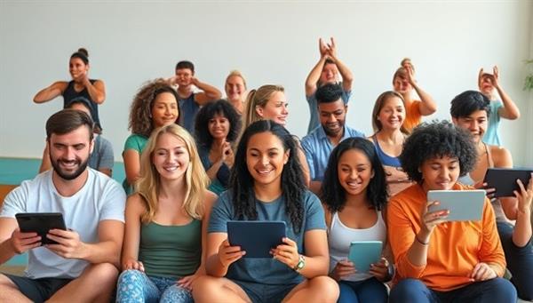 A diverse group of people engaging in a virtual fitness class on different devices, showcasing the inclusivity and accessibility of FlexFit Cloud