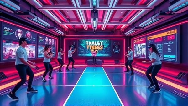 An immersive virtual reality fitness challenge environment with users engaging in various workout activities, competing in virtual challenges, and tracking their fitness progress in a futuristic and dynamic fitness setting, highlighting the interactive and motivating nature of the VR fitness challenges.