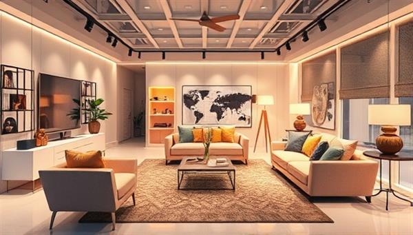 An immersive virtual reality setting showcasing a modern living room with customizable furniture pieces, interactive design tools, and realistic lighting effects, creating a high-tech and visually stunning shopping experience for customers.