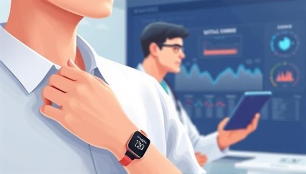 An illustration of a person wearing a sleek wearable device that seamlessly tracks vital signs, with a healthcare provider monitoring the data on a digital dashboard, symbolizing efficient remote patient monitoring.