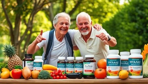 An energetic senior couple engaged in outdoor activities, surrounded by vibrant fruits, vegetables, and nutritional supplement bottles, symbolizing vitality, health, and active aging supported by VitalAge Boost subscriptions.