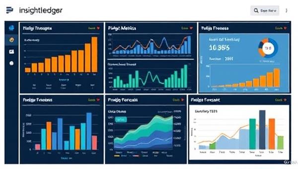 A dynamic data visualization dashboard from InsightLedger Analytics displaying financial metrics, trend analysis charts, and predictive forecasts, illustrating the power of data analytics in driving informed decision-making and business growth for small enterprises.