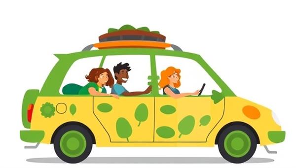 An engaging graphic showcasing a diverse group of people happily carpooling together in a colorful and eco-friendly car, promoting community and sustainability.