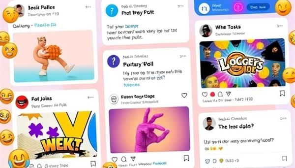 A vibrant social media feed showcasing colorful interactive polls and quizzes with high engagement rates, surrounded by emojis and user comments, illustrating the platform