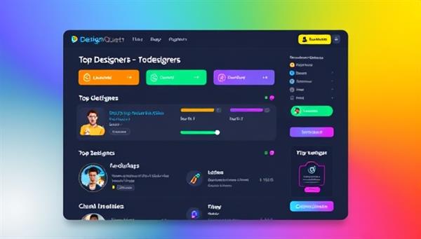 A dynamic and colorful interface of the DesignQuest platform displaying a leaderboard of top designers, a progress bar indicating completion of design challenges, and badges representing user achievements, creating a visually stimulating and competitive atmosphere for users.
