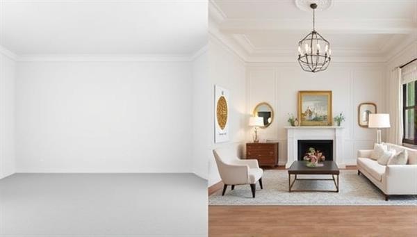 A split-screen image showing a plain, empty room on one side and the same room virtually staged with elegant furniture and decor on the other side, highlighting the transformative power of virtual staging.