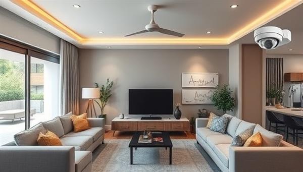 An image of a modern living room with integrated smart home devices like voice-controlled lights, a smart thermostat, and security cameras, showcasing a futuristic and convenient home environment.