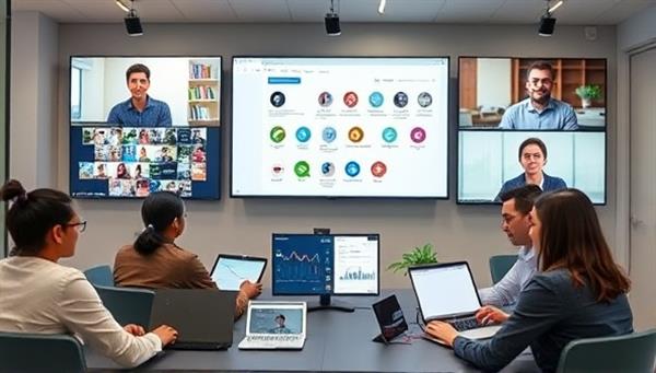 A virtual training session scene featuring a diverse group of professionals engaging in a remote technology workshop, with screens displaying collaborative tools and digital resources, illustrating the interactive and educational nature of the training service.