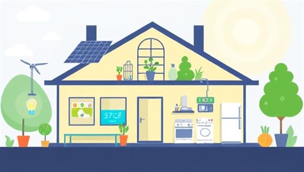 An illustration of a modern home with smart devices, solar panels, and energy-efficient appliances controlled by the EcoWise Tech app, showcasing a sustainable and tech-savvy living environment.