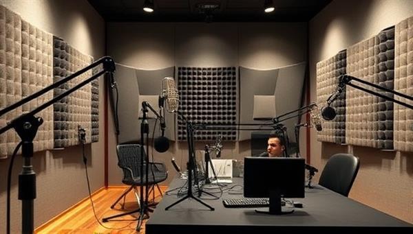 A sleek podcast studio setup with professional microphones, soundproofing panels, and a host at the recording desk, capturing the essence of a dynamic and engaging podcast production environment.