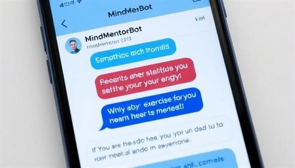 A smartphone screen displaying the MindMentorBot chat interface with empathetic responses, self-care prompts, and mindfulness exercises for users seeking mental health support and guidance, illustrating the convenience and compassion of AI-powered mental health assistance.