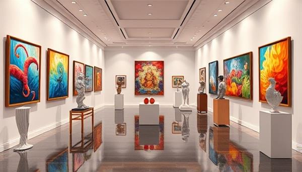 A virtual art gallery setting with colorful paintings, sculptures, and digital art installations displayed in an elegant and immersive environment, inviting users to explore and appreciate art from different perspectives in a digital space.