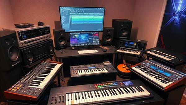 A vibrant and creative virtual music production studio setup with digital audio workstations, MIDI controllers, musical instruments, and collaborative tools, illustrating the collaborative and innovative nature of virtual music creation and production.