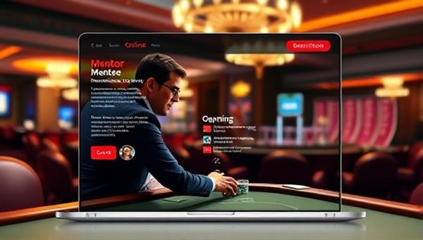 An online platform interface showcasing a mentor guiding a mentee through a virtual casino environment, with strategic advice and tips displayed on the screen, symbolizing the personalized and interactive mentorship experience offered by Gambit Guide.