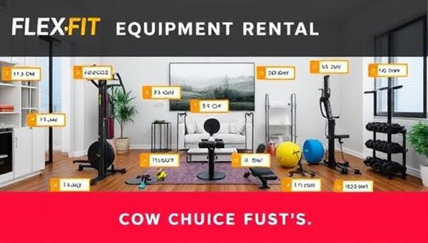 An eye-catching visual featuring a range of fitness equipment neatly arranged in a modern living room setting, with vibrant colors and clear labels, highlighting the convenience and versatility of FlexFit Rentals