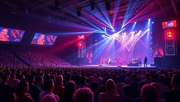An animated scene showcasing a digital concert hall filled with virtual attendees enjoying a live music performance, with vibrant lighting effects and dynamic stage setups, creating an electrifying and immersive concert atmosphere.