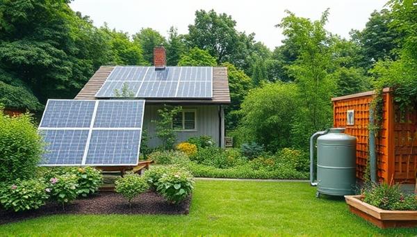 An artistic representation of a lush green garden with solar panels and a rainwater harvesting system installed, symbolizing the concept of eco-friendly property maintenance and sustainability.