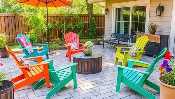 An outdoor patio setting adorned with ReNew Patio recycled plastic furniture pieces, showcasing a stylish and sustainable outdoor seating arrangement with colorful and weather-resistant chairs, tables, and decor items, highlighting eco-conscious design and durability.