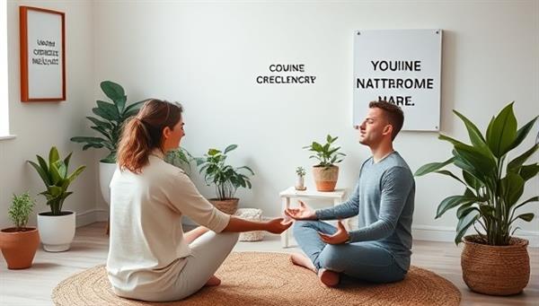 A serene coaching environment with a coach guiding an entrepreneur through a meditation session, surrounded by calming decor, plants, and motivational quotes, fostering a sense of tranquility and focus for personal growth.