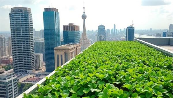 An urban skyline with a lush green rooftop garden filled with thriving plants under the cityscape, showcasing the innovative and sustainable nature of SkyHarvest Greens