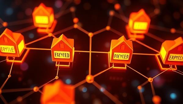 A digital representation of a blockchain network with encrypted property title blocks interconnected in a secure chain, symbolizing the transparency and trustworthiness of blockchain-based real estate title verification services for property transactions.