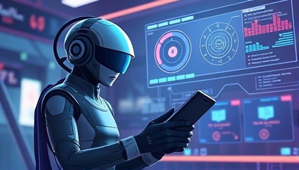 An illustration of a futuristic, sleek virtual assistant hovering next to a gamer, analyzing gameplay data and suggesting strategies in real-time, creating an immersive and interactive gaming environment.