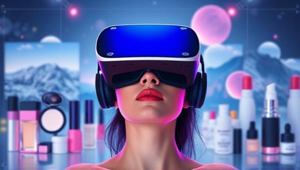 A captivating VR beauty experience illustration featuring a user wearing a VR headset, surrounded by virtual beauty landscapes, makeup simulations, and skincare animations, creating an immersive and futuristic beauty journey that transcends reality.