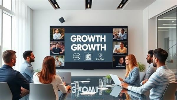 An image of a virtual meeting room with a diverse group of professionals discussing growth strategies on a digital screen, symbolizing collaboration and innovation.