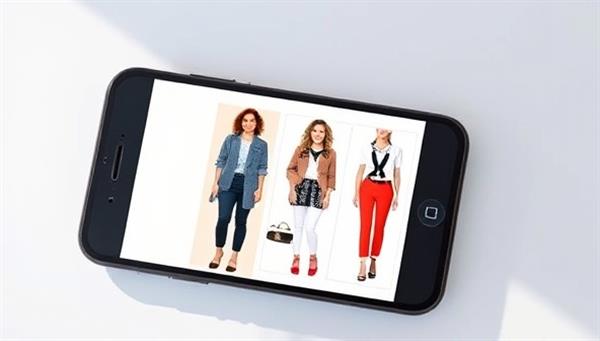 An engaging visual of a virtual stylist interface on a smartphone screen, showing outfit suggestions with a mix of casual and formal wear options, paired with accessories, reflecting diverse fashion styles.