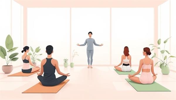 A serene digital illustration depicting a virtual yoga class led by an instructor, with participants practicing poses and meditation techniques on their yoga mats in a calming virtual environment filled with nature elements and peaceful vibes.